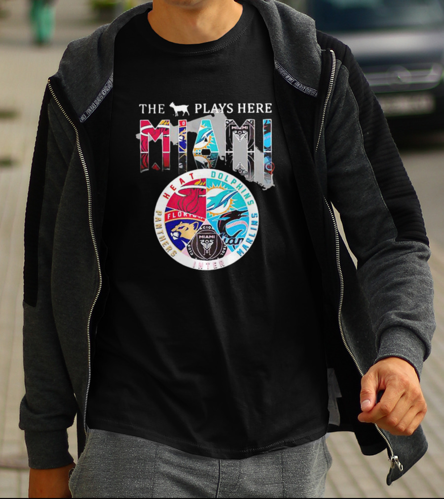 Miami Sports Team Logos Panther Heat Dolphins Marlins Inter The Goat Plays Here T-Shirt
