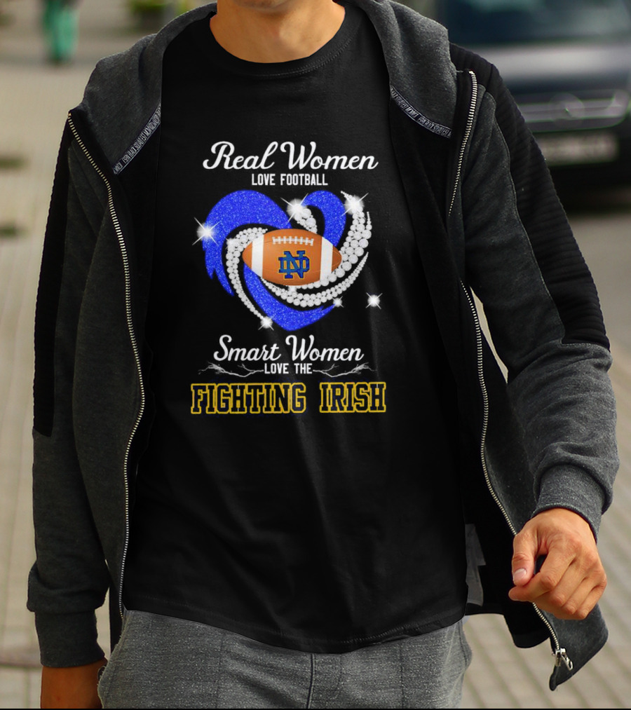 Real Women Love Football Smart Women Love The Fighting Irish ND Football Diamond Heart T-Shirt