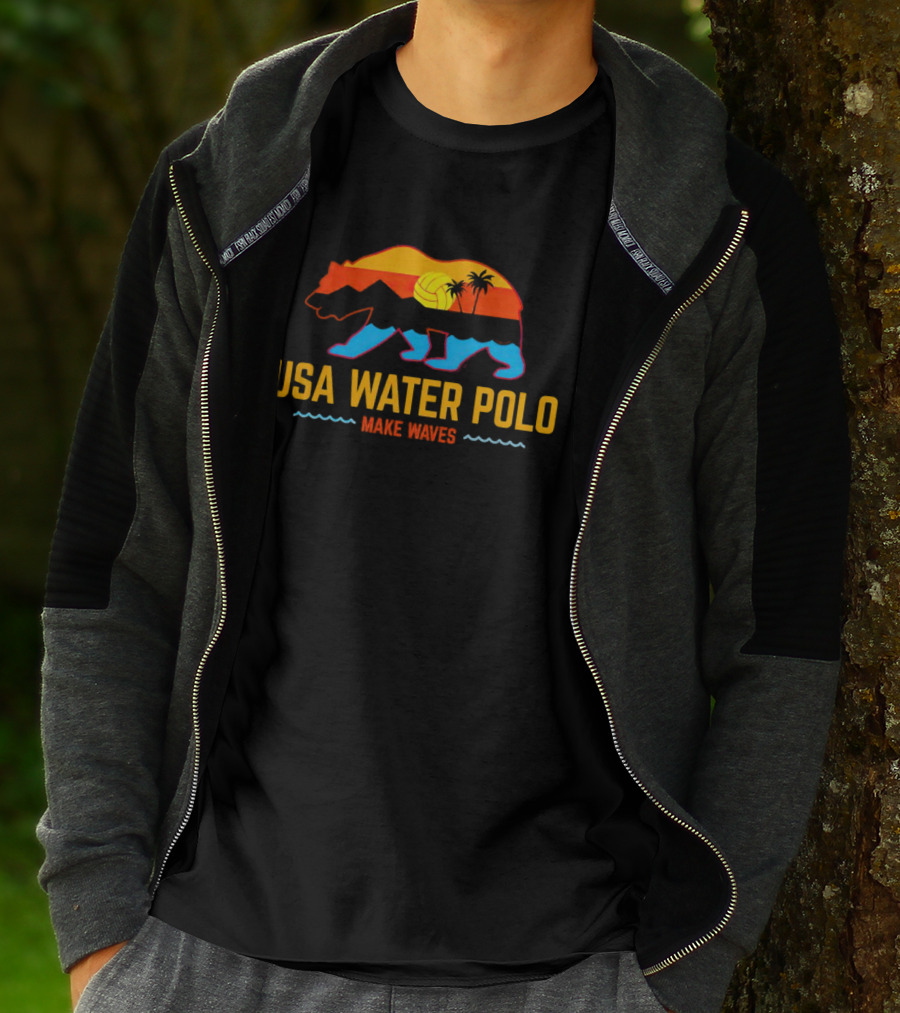 USA Water Polo Bear Make Waves Sunset Palm Trees Volleyball T-Shirt