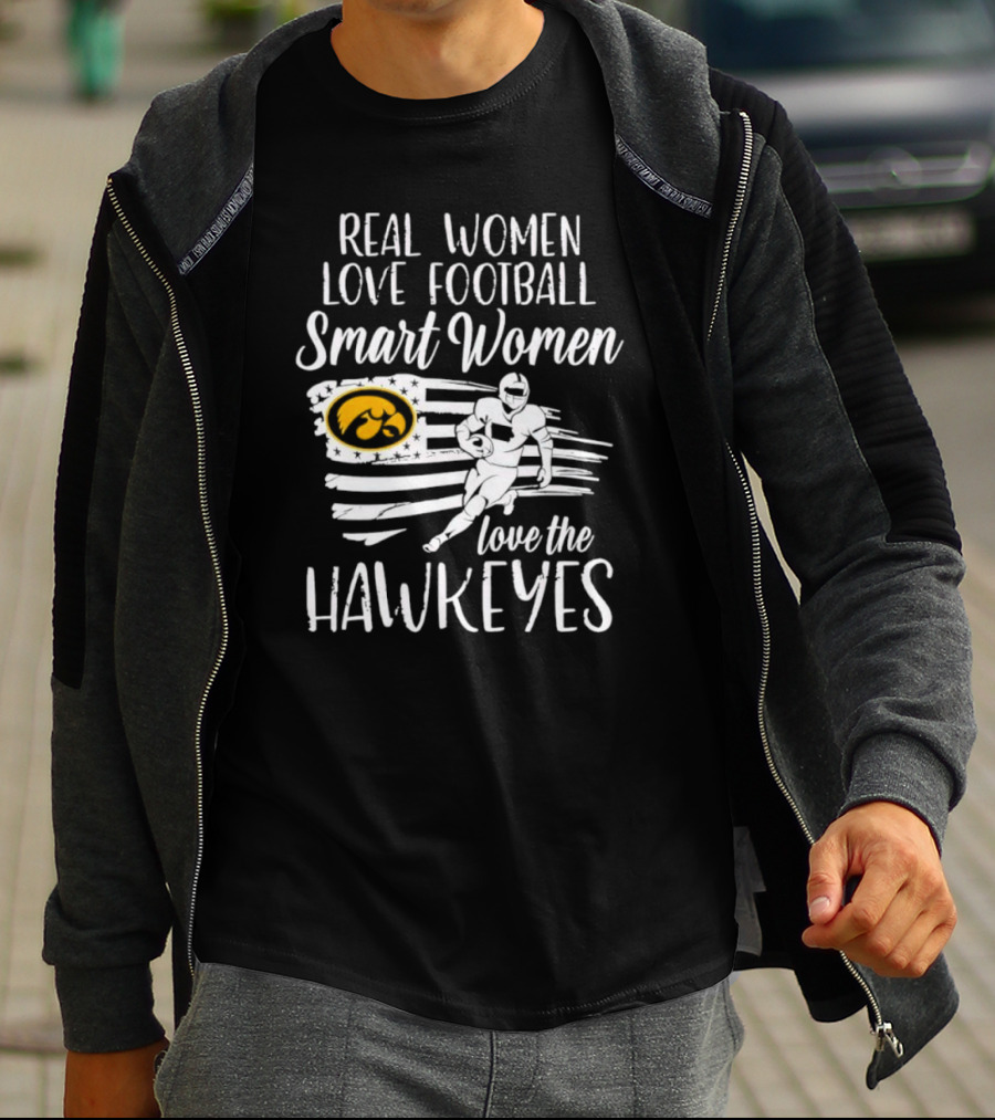 Real Women Love Football Smart Women Love The Hawkeyes American Flag Football Player T-Shirt