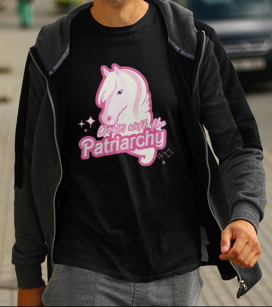 Down With The Patriarchy Pink Horse Illustration With Sparkles T-Shirt