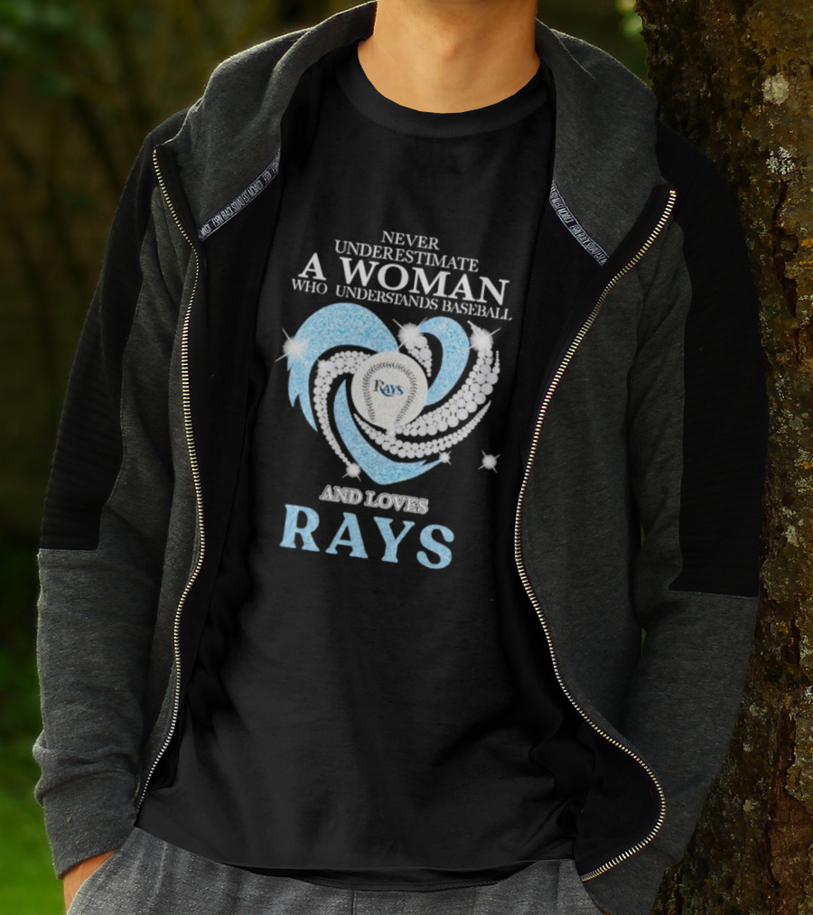 Never Underestimate A Woman Who Understands Baseball And Loves Rays Diamond Heart T-Shirt