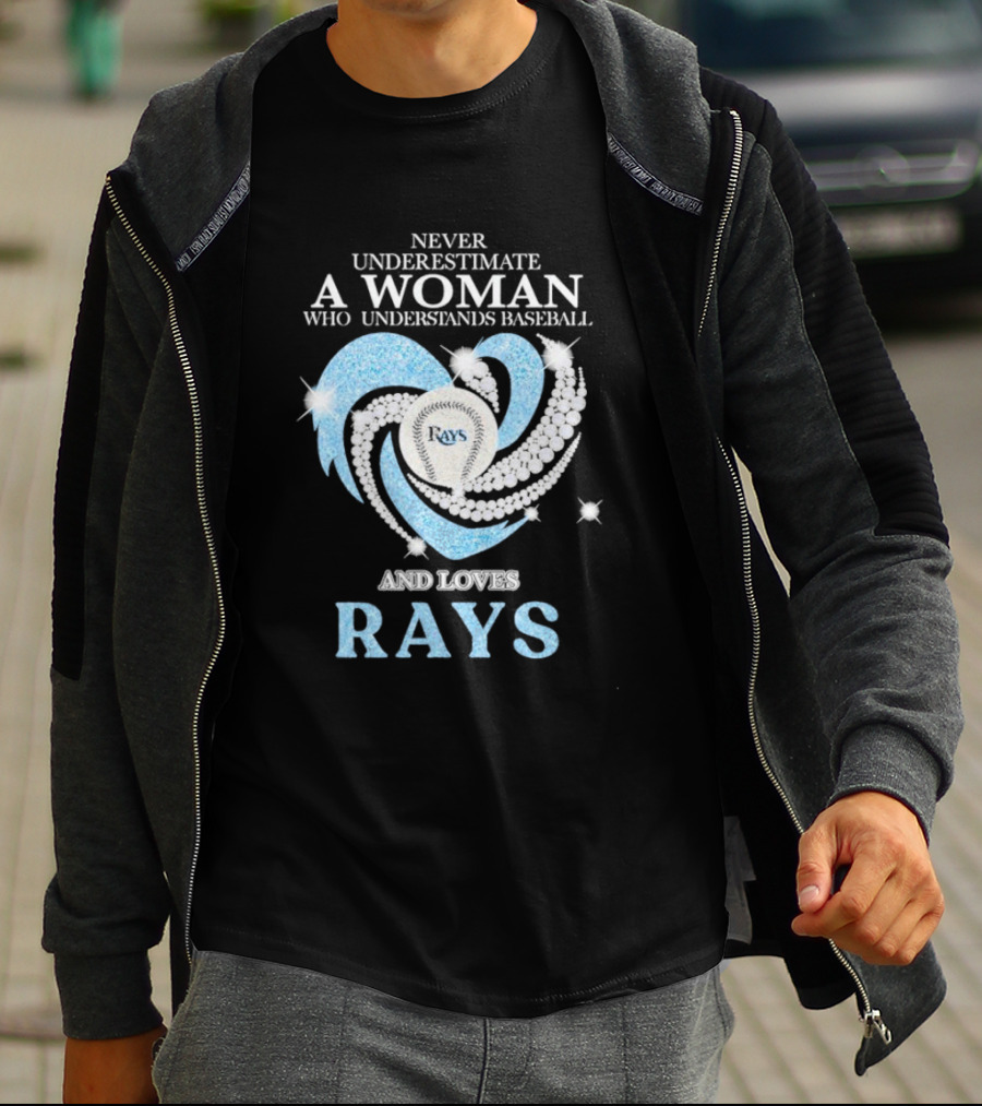 Never Underestimate A Woman Who Understands Baseball And Loves Rays Diamond Heart T-Shirt