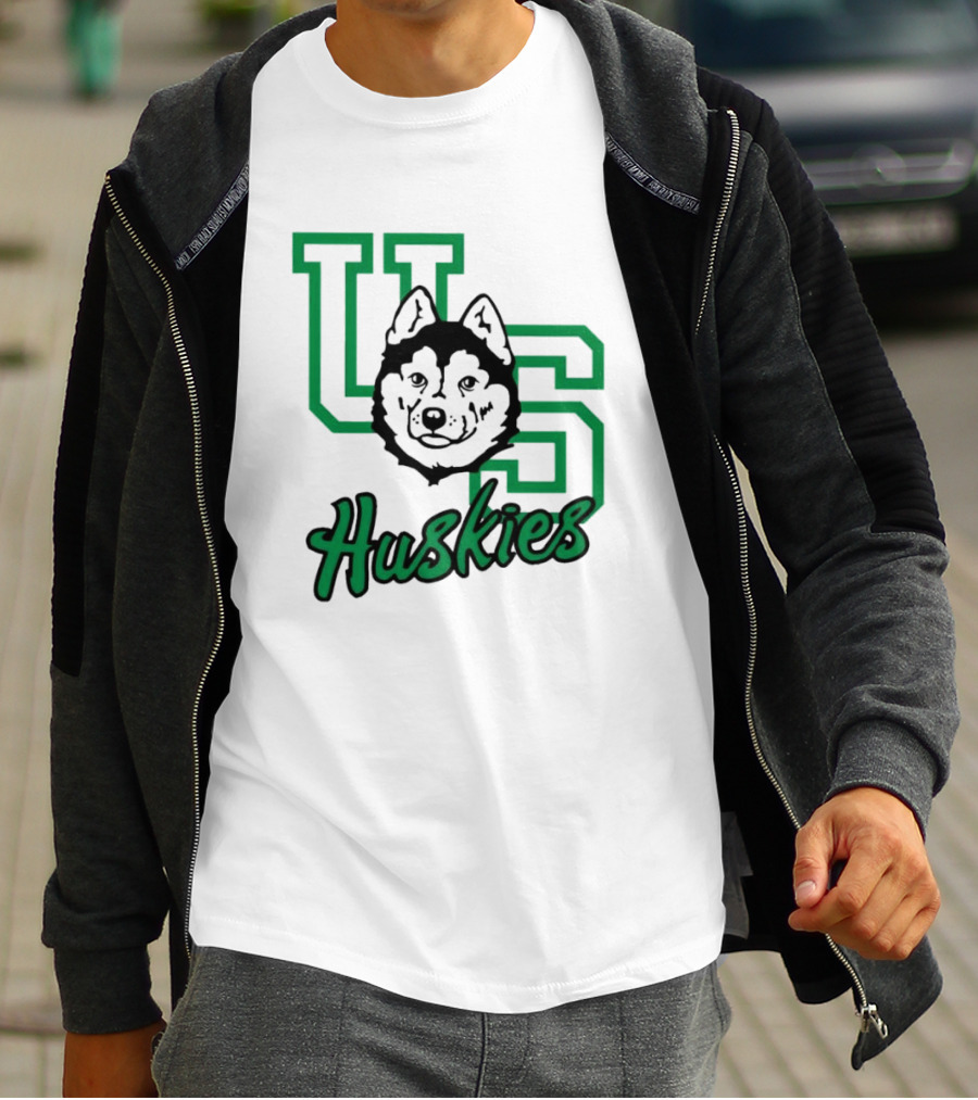 U Of S Huskies Logo With Husky Face Overlapping Bold Green Letters T-Shirt