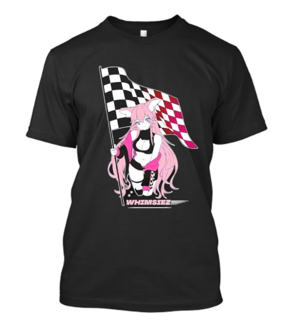 Whimsiez Checkered Flag Pink-Haired Girl Racing T-Shirt
