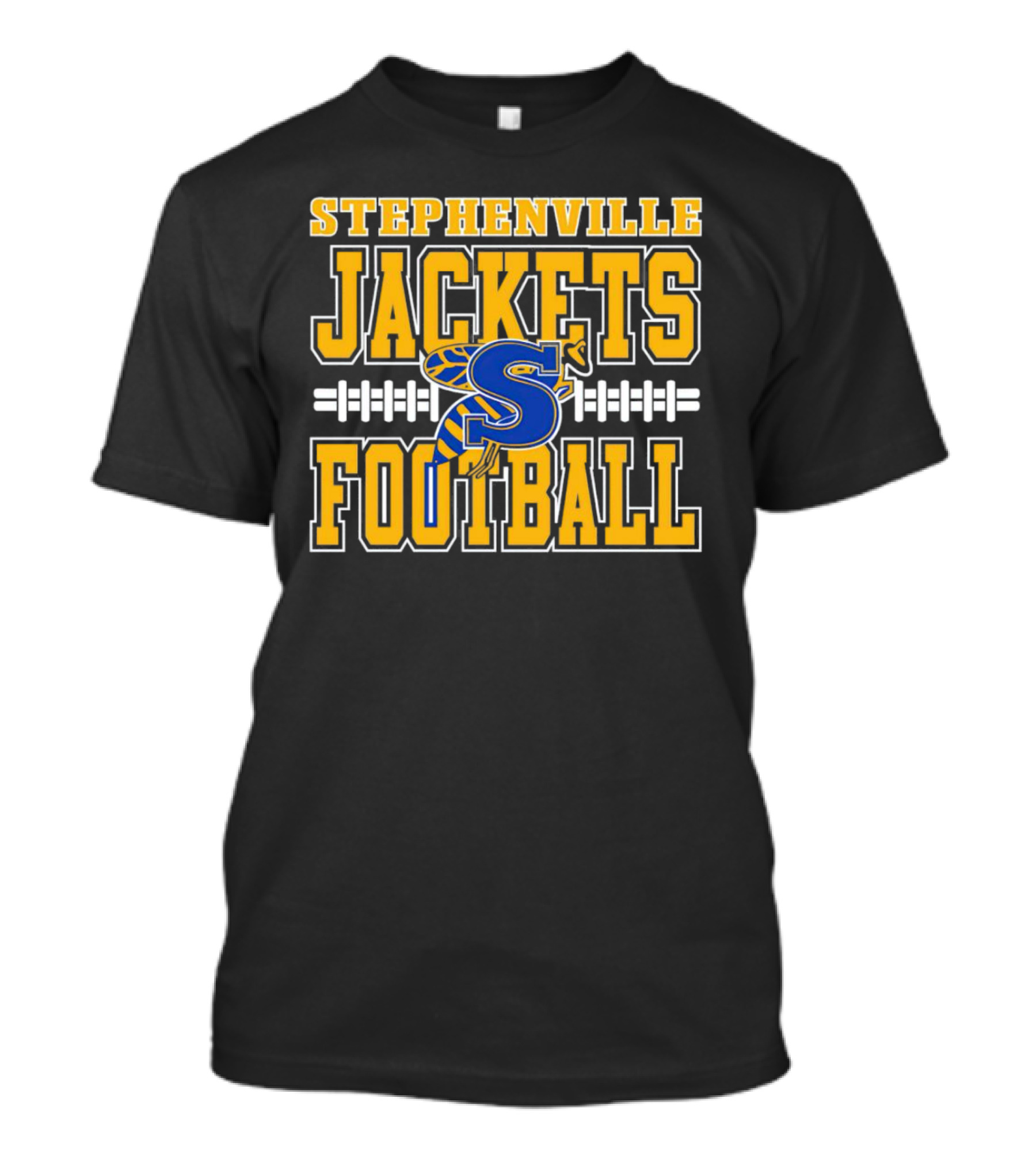Stephenville Jackets Football S Logo Yellow And Blue Football T-Shirt