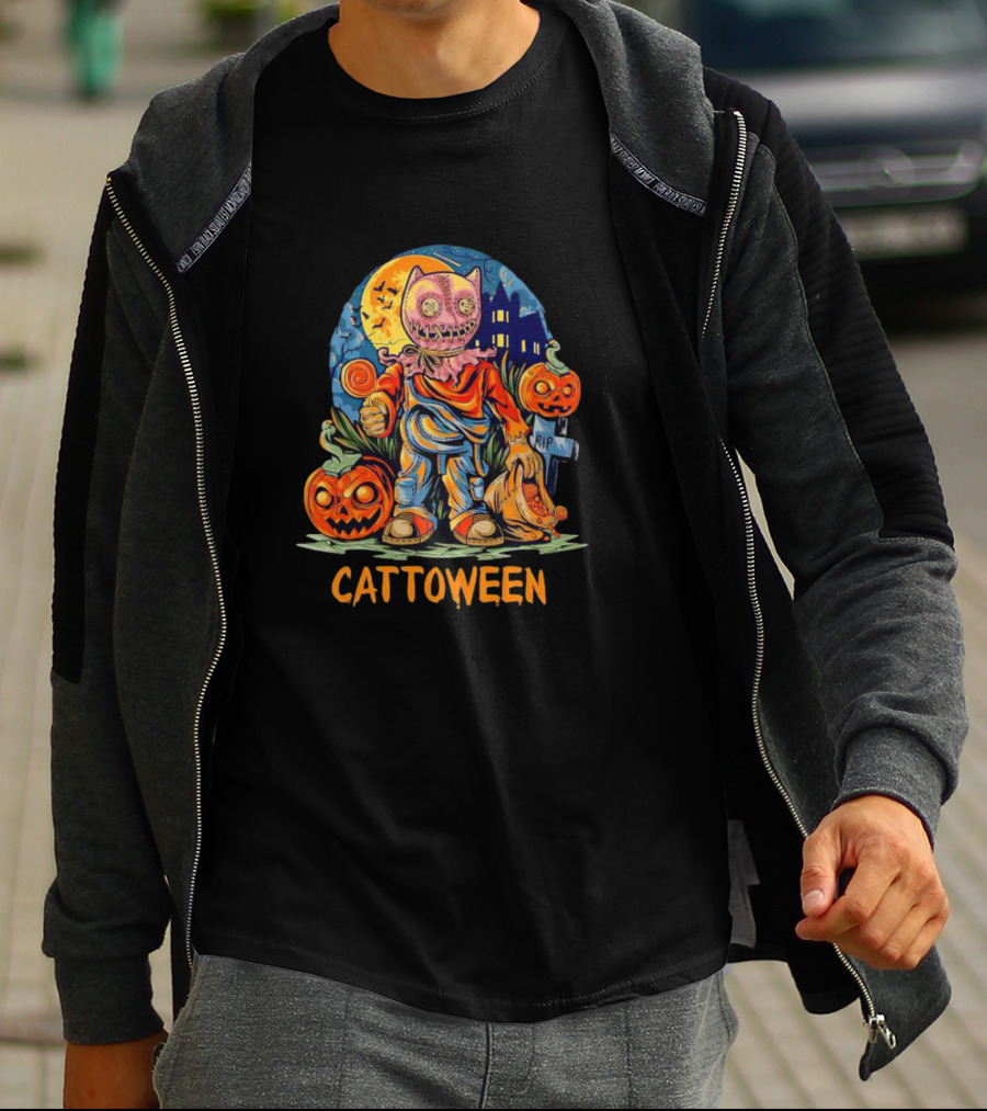 Cattoween Pumpkin Cat Monster Halloween Moon T-Shirt