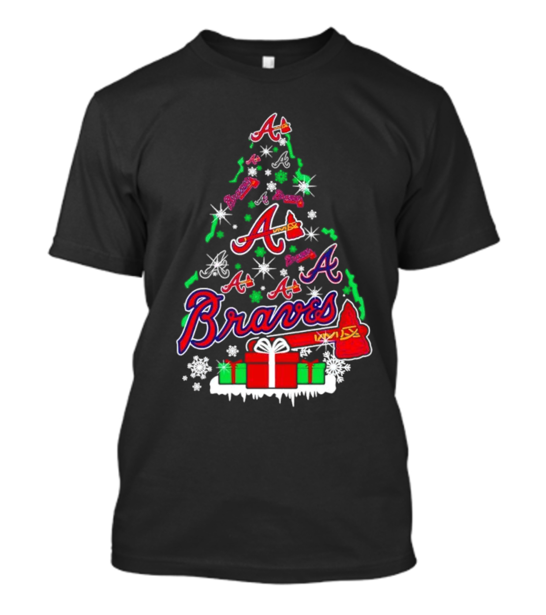 Christmas Tree Atlanta Braves Bravesword Santa Hat Baseball Snowflakes T-Shirt
