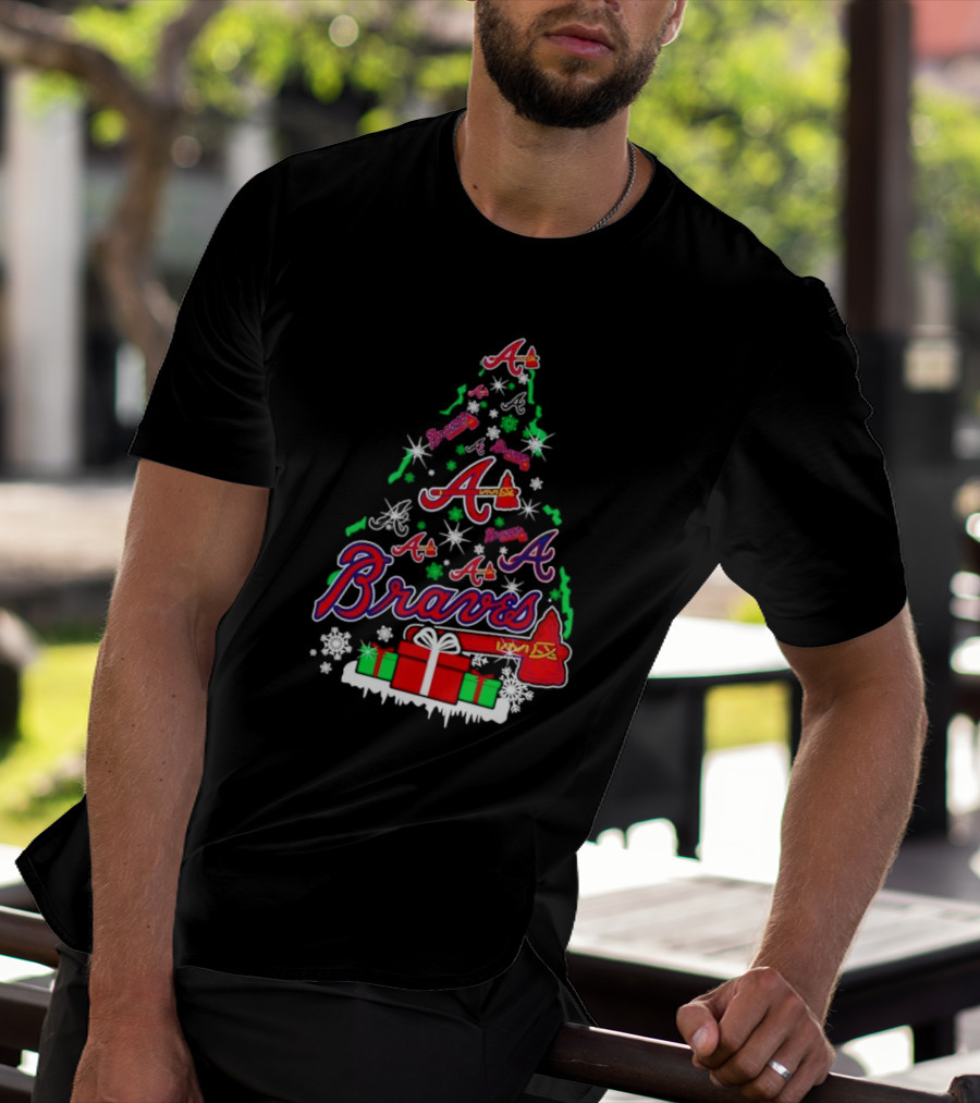 Christmas Tree Atlanta Braves Bravesword Santa Hat Baseball Snowflakes T-Shirt