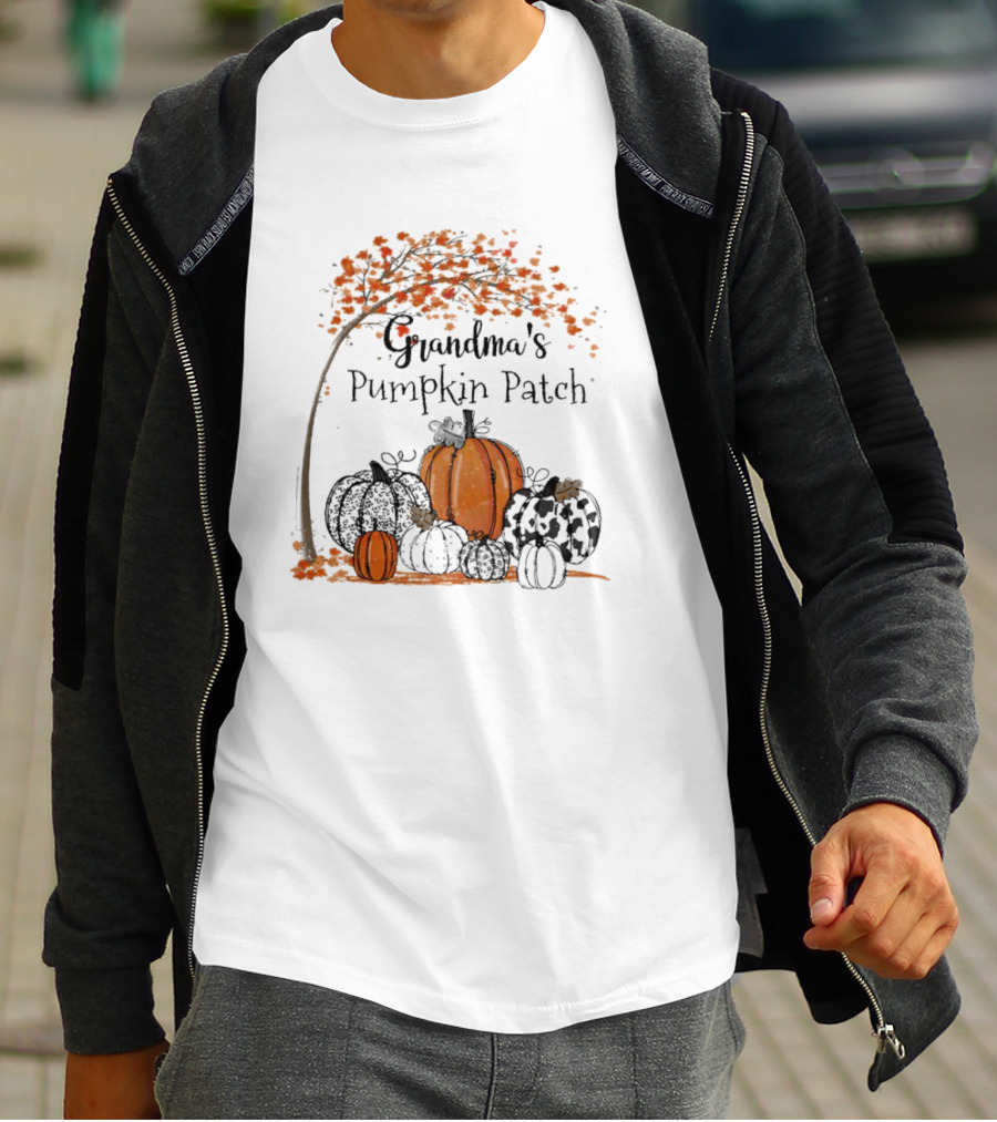Grandma's Pumpkin Patch Autumn Harvest With Fall Leaves And Pumpkins T-Shirt