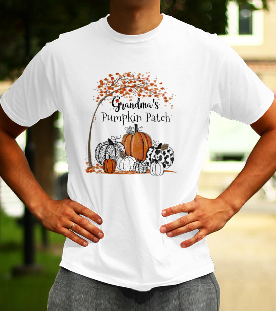 Grandma's Pumpkin Patch Autumn Harvest With Fall Leaves And Pumpkins T-Shirt
