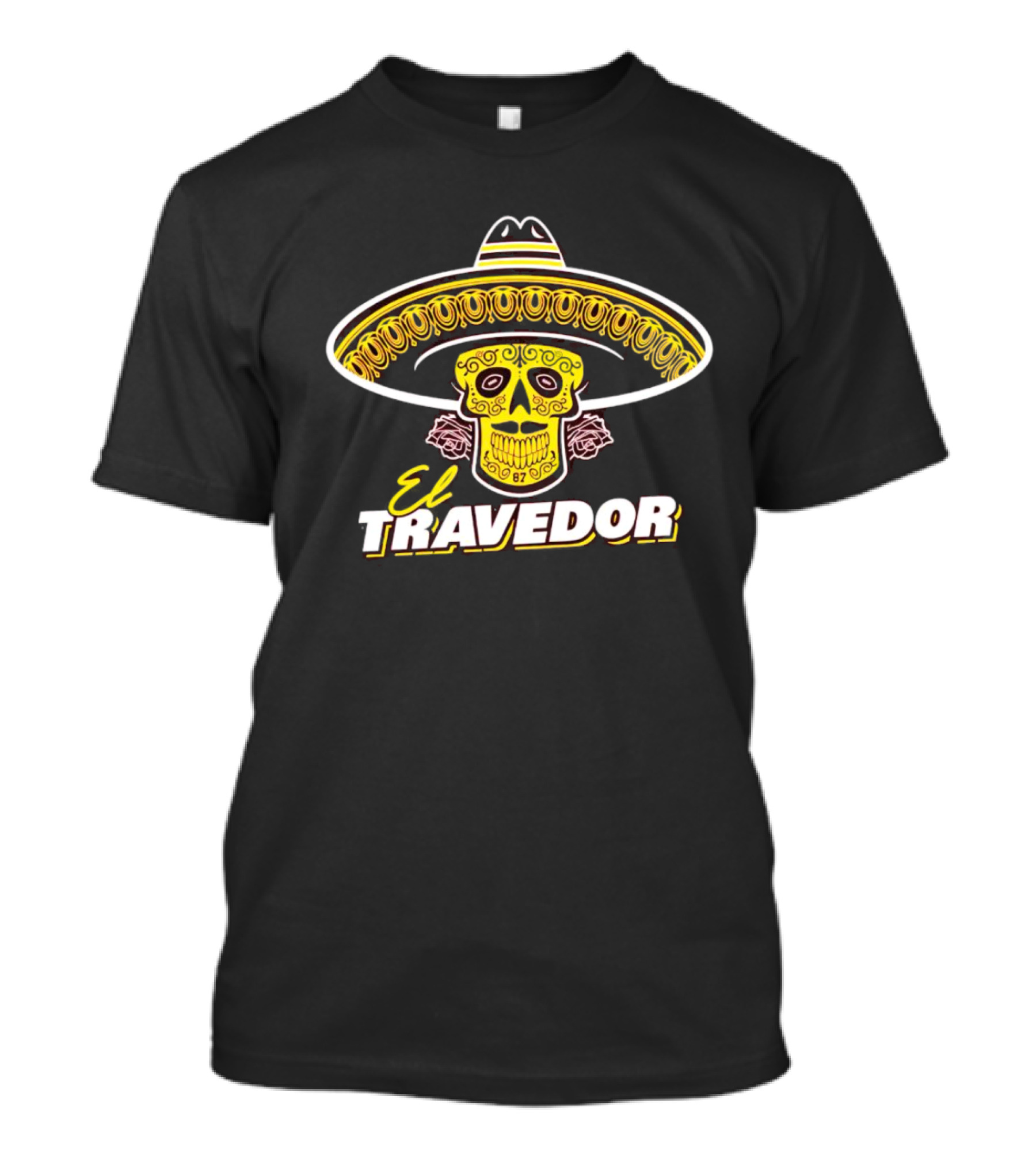 El Travedor Mexican Sugar Skull Sombrero Yellow Pink Roses T-Shirt