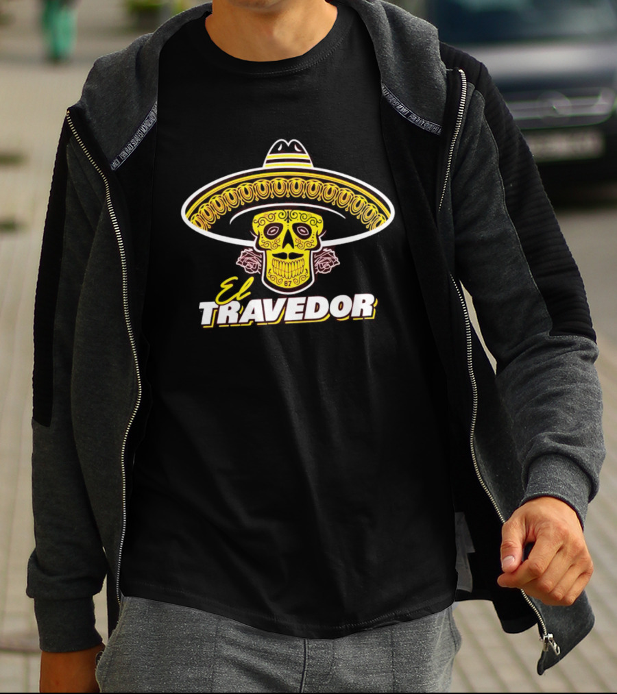 El Travedor Mexican Sugar Skull Sombrero Yellow Pink Roses T-Shirt