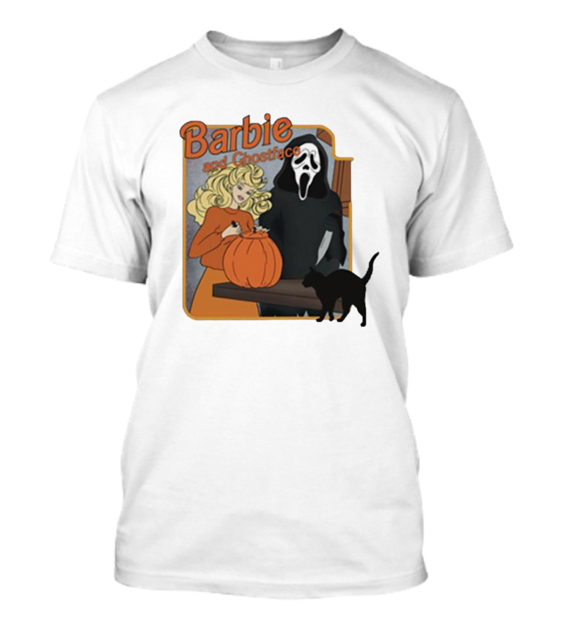 Barbie And Ghostface Halloween Pumpkin Carving Scene With Black Cat T-Shirt