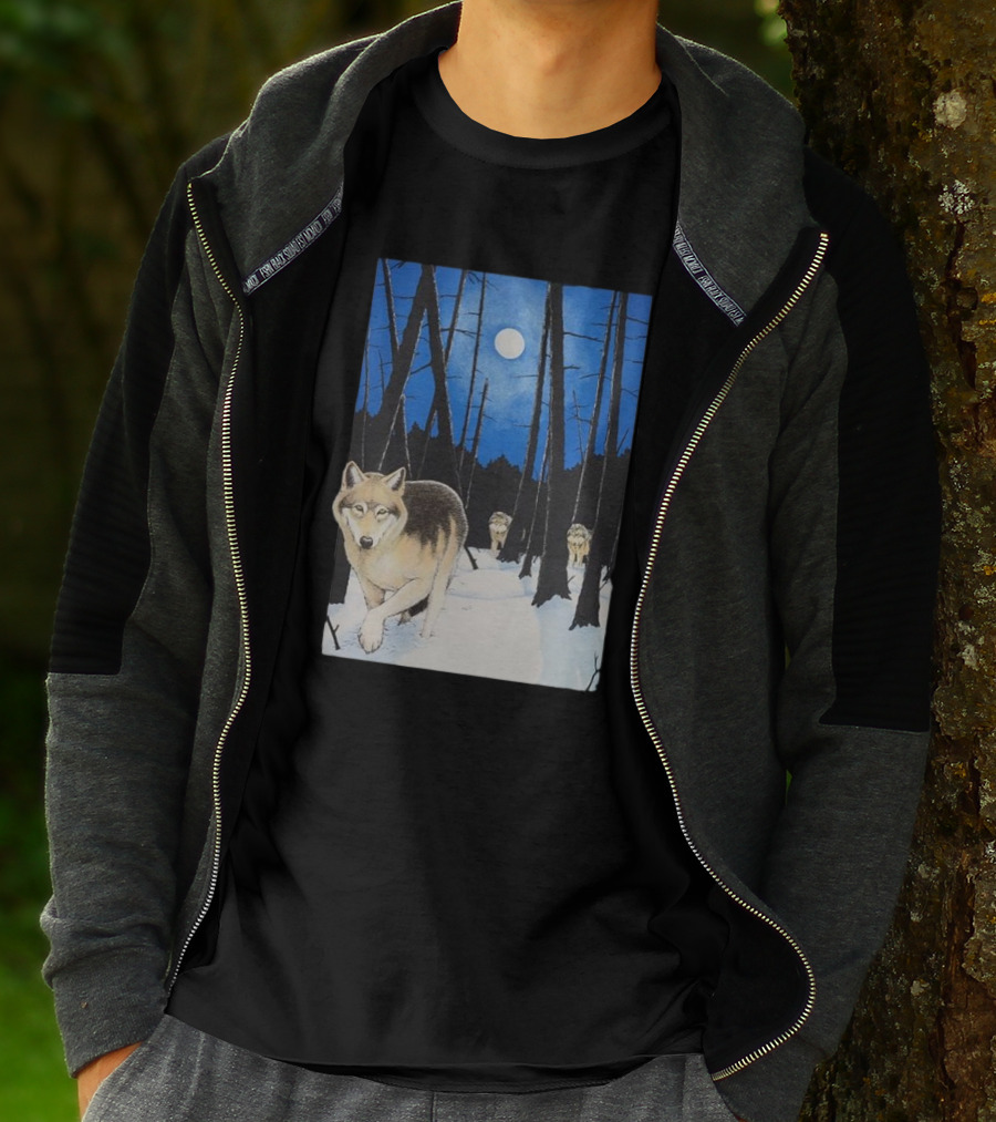 Snow 1995 Wild Earth Wolf Vintage Full Moon Forest Scene T-Shirt