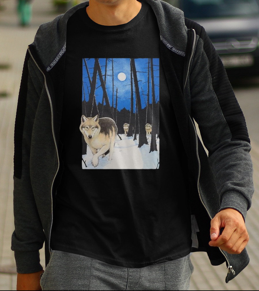 Snow 1995 Wild Earth Wolf Vintage Full Moon Forest Scene T-Shirt