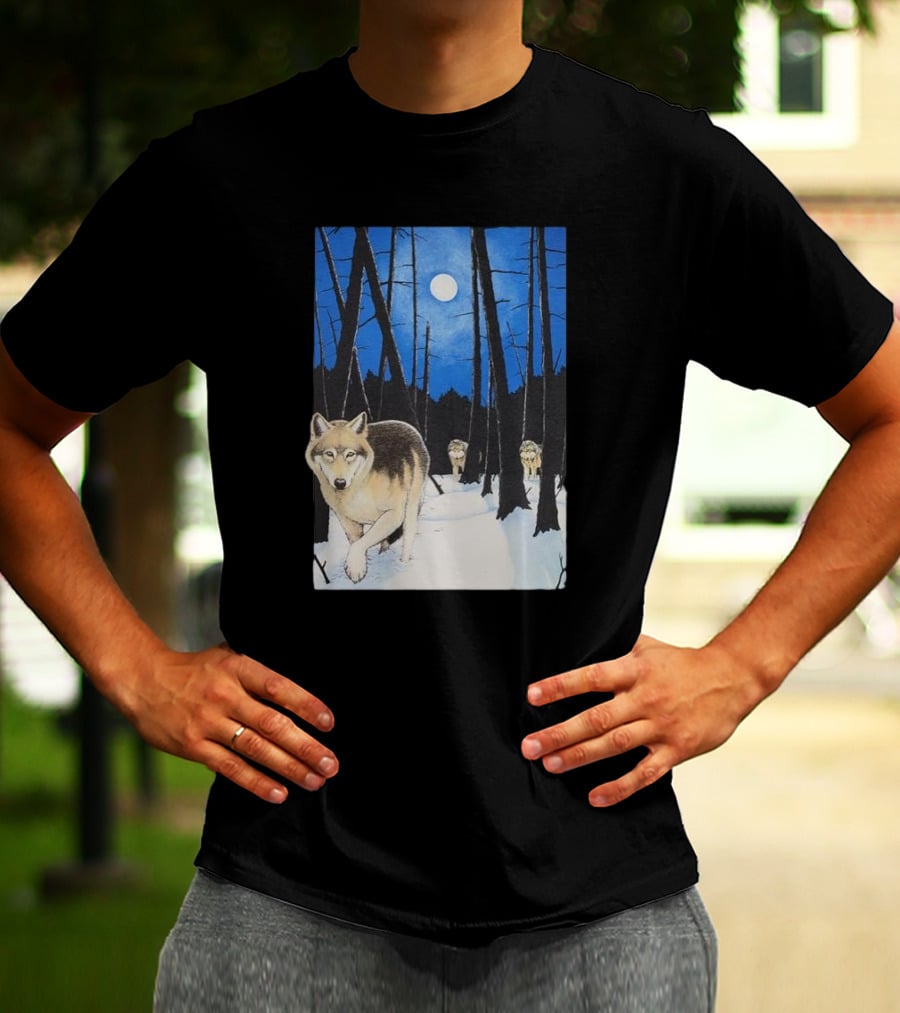 Snow 1995 Wild Earth Wolf Vintage Full Moon Forest Scene T-Shirt
