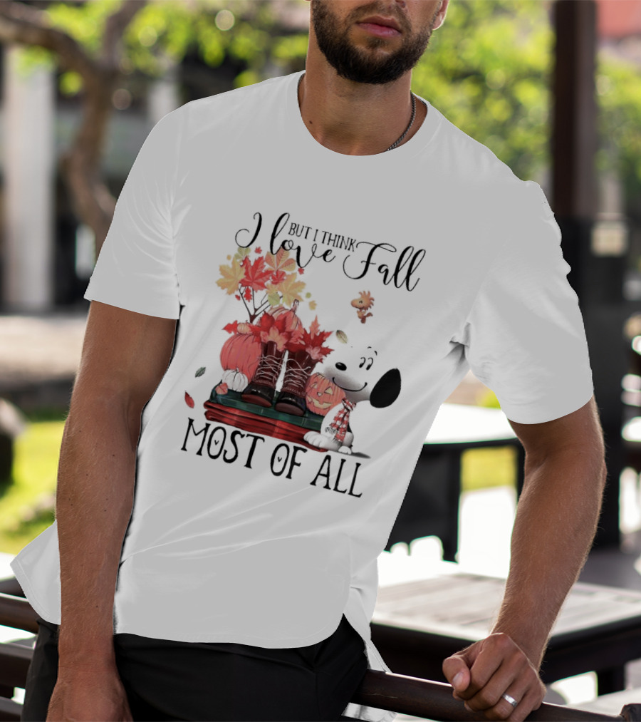 I Love Fall Most Of All Snoopy Dog With Boots Pumpkins And Leaves T-Shirt