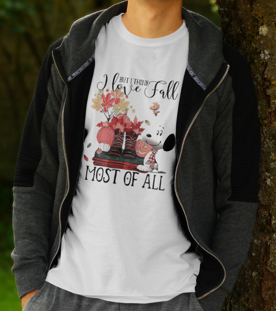 I Love Fall Most Of All Snoopy Dog With Boots Pumpkins And Leaves T-Shirt