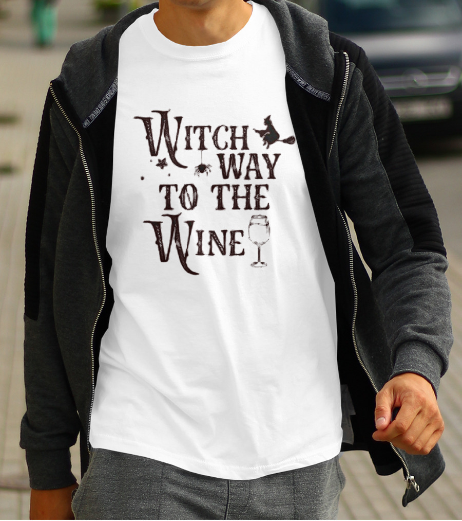 Witch Way To The Wine Halloween Broomstick And Glass T-Shirt