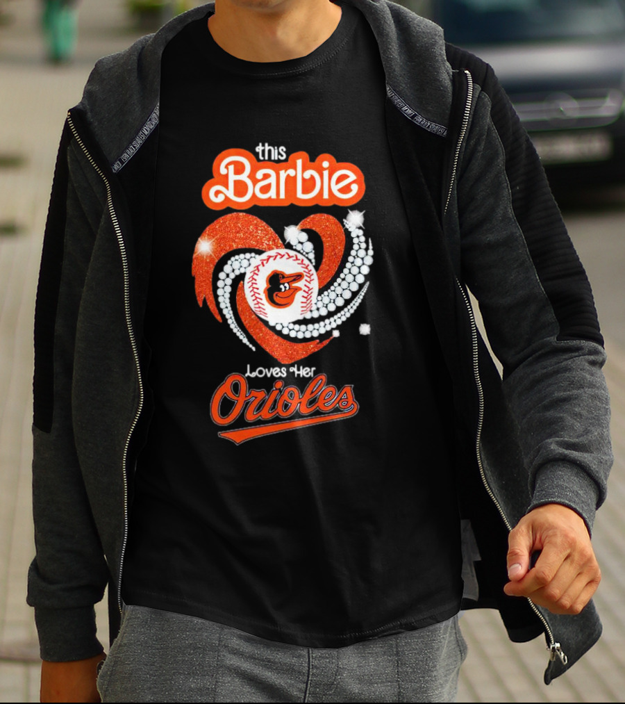 This Barbie Loves Her Orioles Baltimore Baseball Sparkle Heart T-Shirt