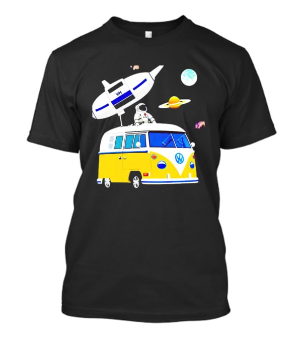 Astronaut Riding Yellow Volkswagen Bus With Rocket And Saturn Planet Background T-Shirt