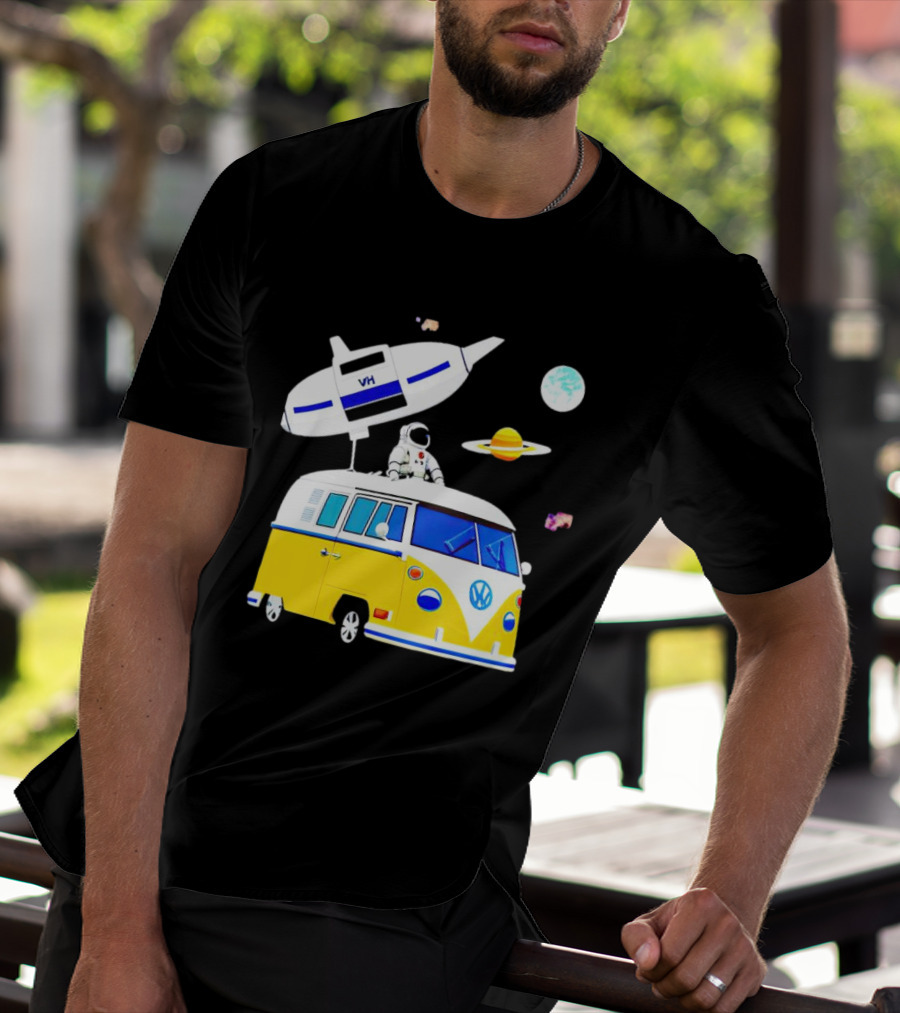Astronaut Riding Yellow Volkswagen Bus With Rocket And Saturn Planet Background T-Shirt