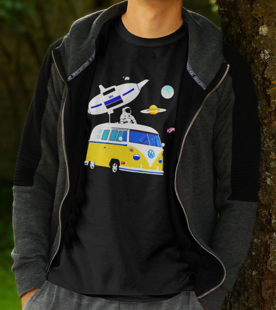 Astronaut Riding Yellow Volkswagen Bus With Rocket And Saturn Planet Background T-Shirt