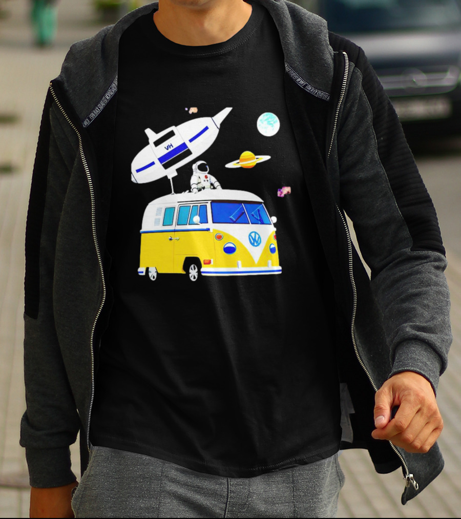 Astronaut Riding Yellow Volkswagen Bus With Rocket And Saturn Planet Background T-Shirt