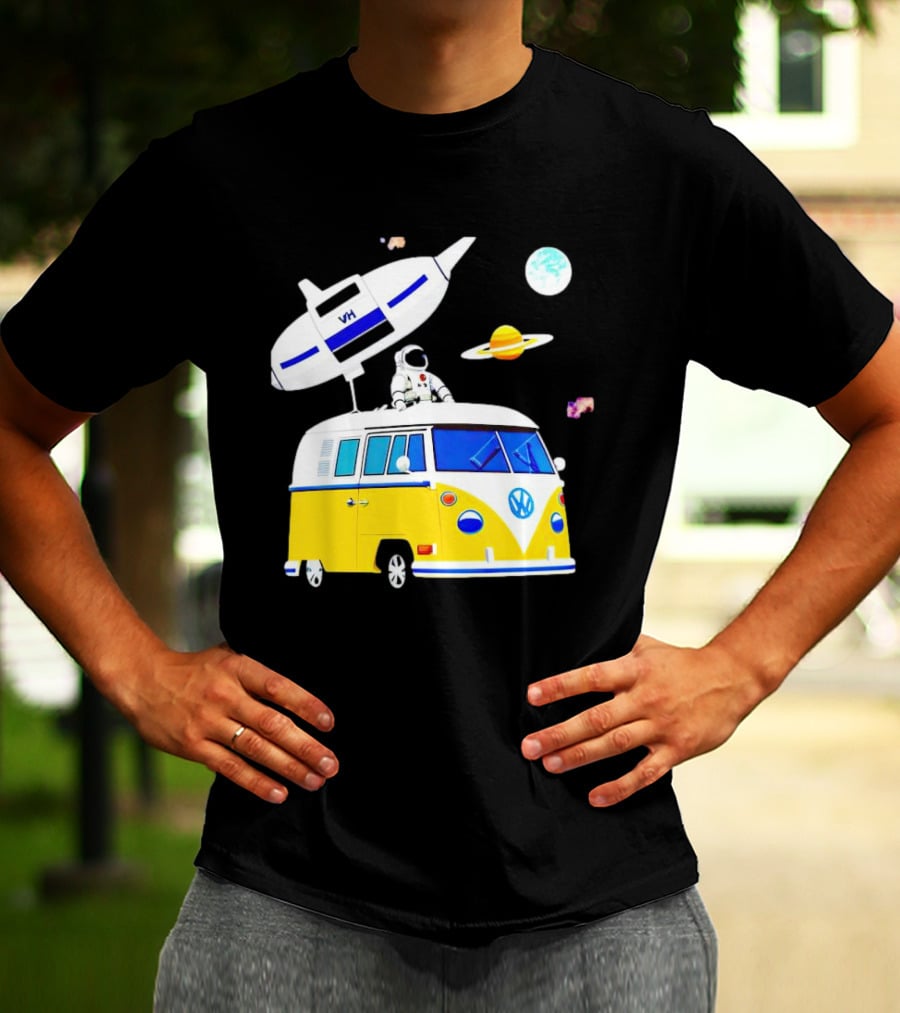 Astronaut Riding Yellow Volkswagen Bus With Rocket And Saturn Planet Background T-Shirt