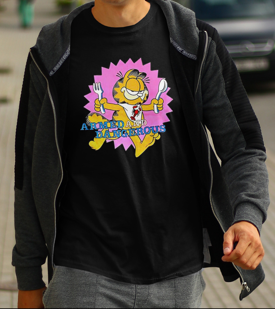 Armed And Dangerous Garfield With Fork And Spoon On Pink Starbursts T-Shirt