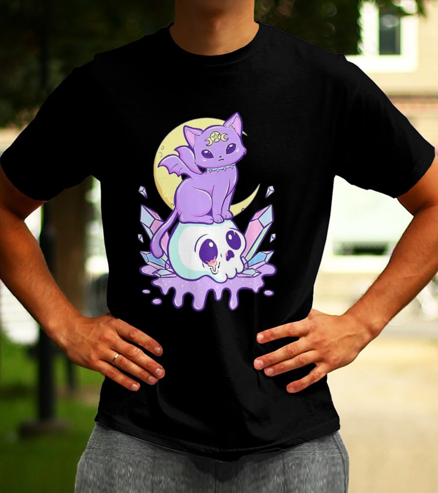 Witchy Cat With Moon And Skull Crystals T-Shirt