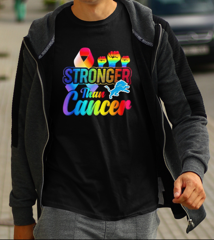Detroit Lions Stronger Than Cancer Rainbow Ribbon And Fists T-Shirt