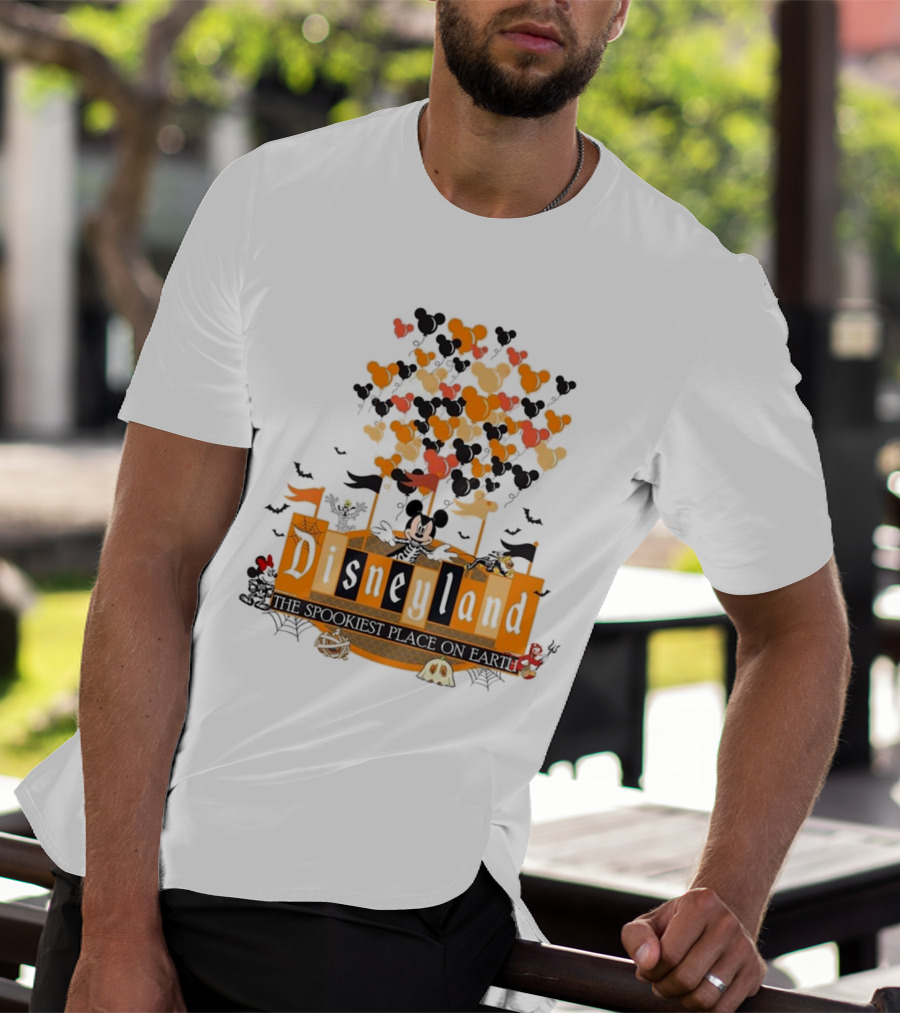 Disneyland Halloween Mickey Mouse The Spookiest Place On Earth Orange Bats And Pumpkins T-Shirt