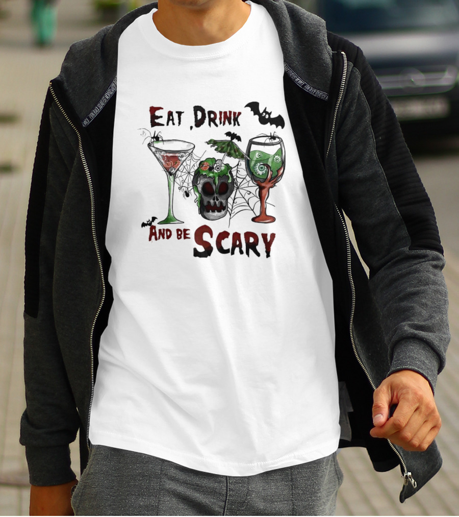 Eat Drink And Be Scary Halloween With Bat And Skull Cocktails T-Shirt