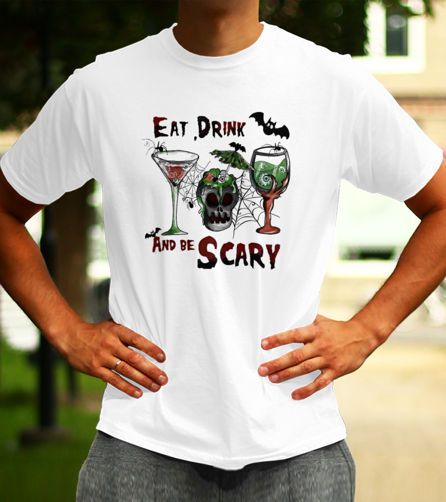 Eat Drink And Be Scary Halloween With Bat And Skull Cocktails T-Shirt