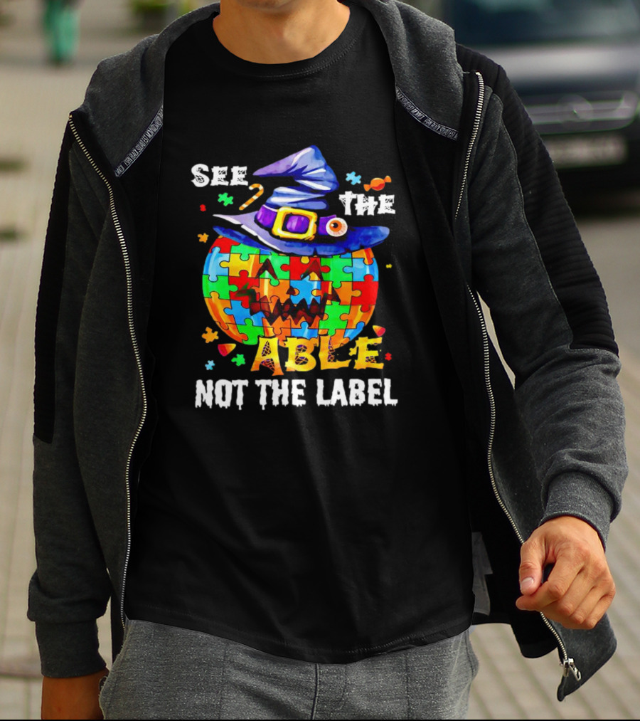See The Able Not The Label Pumpkin Autism Puzzle Witch Hat T-Shirt