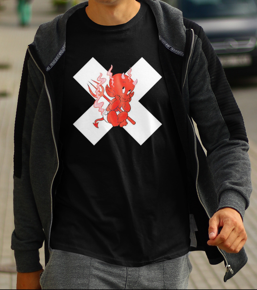 Baby Devil Cartoon Character With Pitchfork On White X T-Shirt