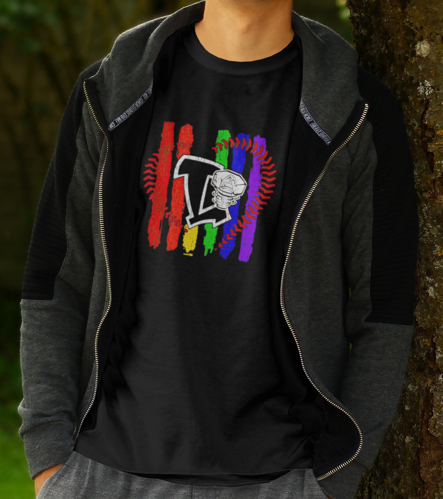 Lansing Lugnuts Pride Logo With Rainbow Stripes And Baseball Seam T-Shirt