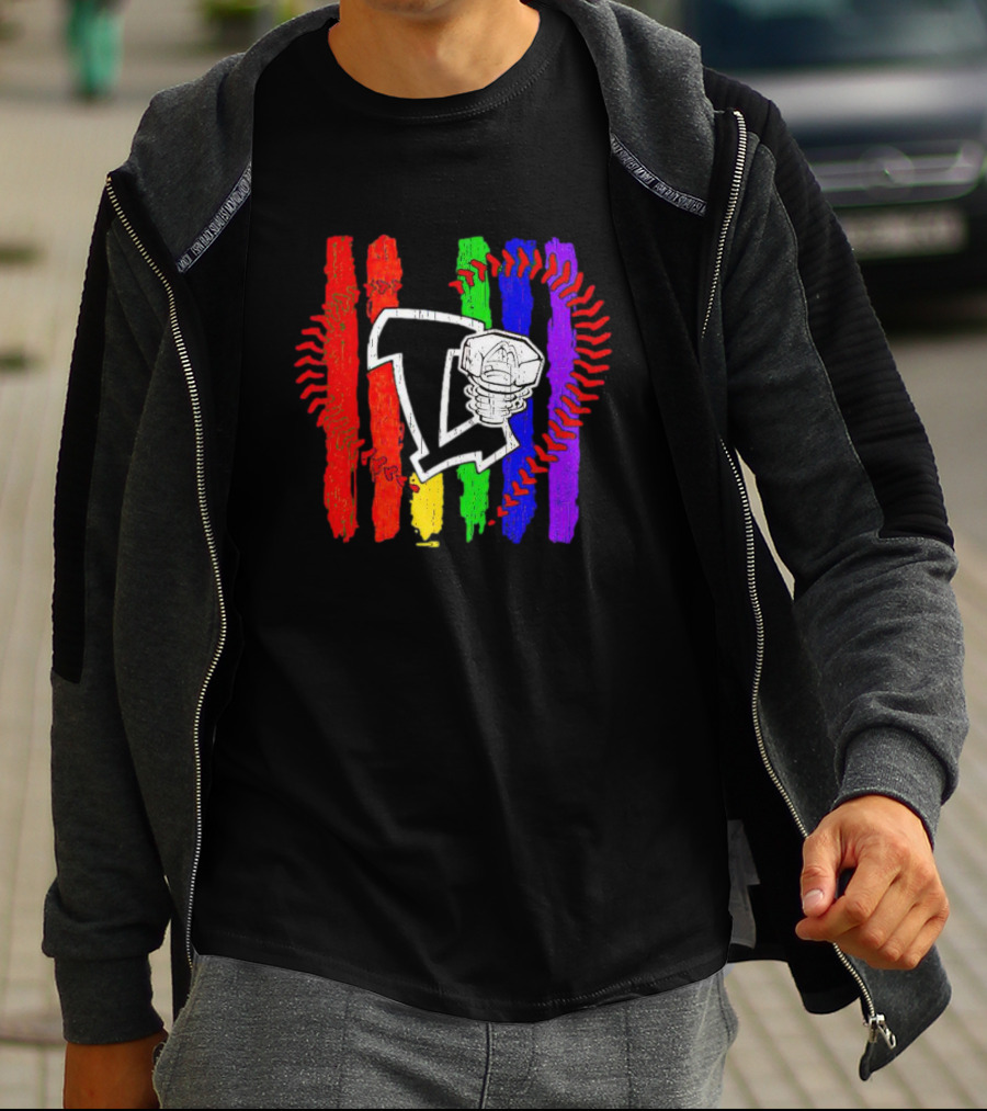 Lansing Lugnuts Pride Logo With Rainbow Stripes And Baseball Seam T-Shirt