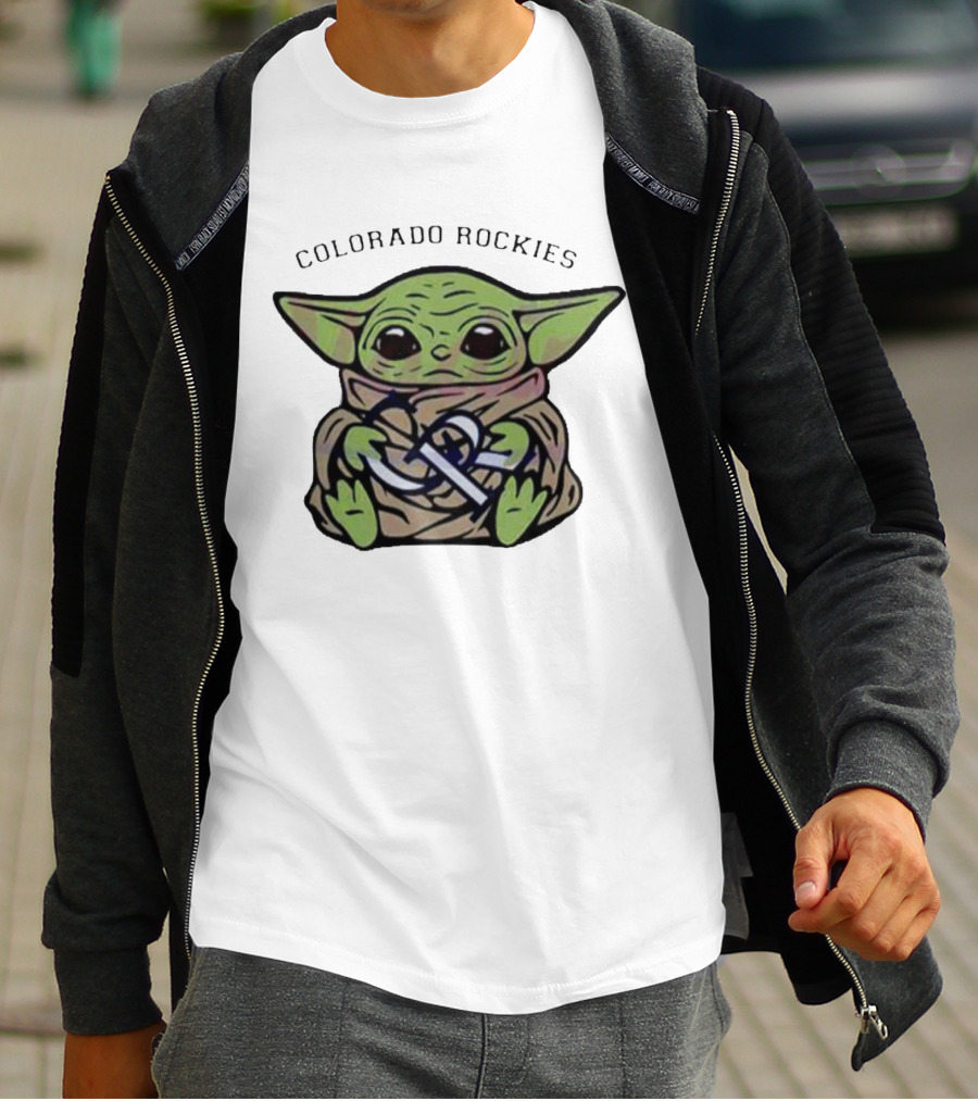Baby Yoda Hugging Colorado Rockies T-Shirt