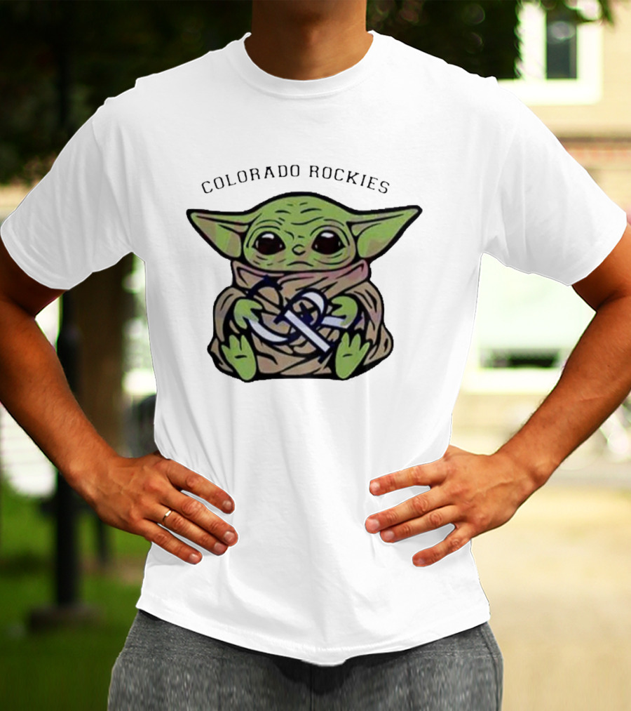 Baby Yoda Hugging Colorado Rockies T-Shirt