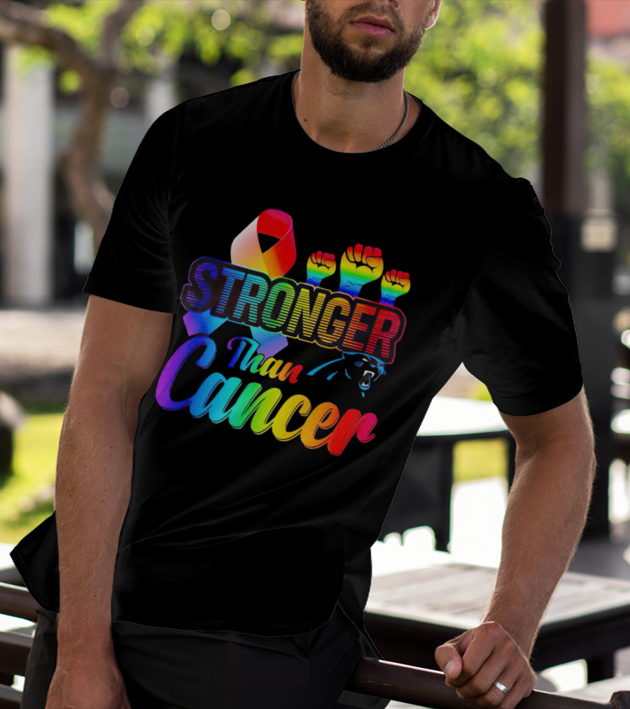 Carolina Panthers Stronger Than Cancer Rainbow Ribbon And Fists T-Shirt