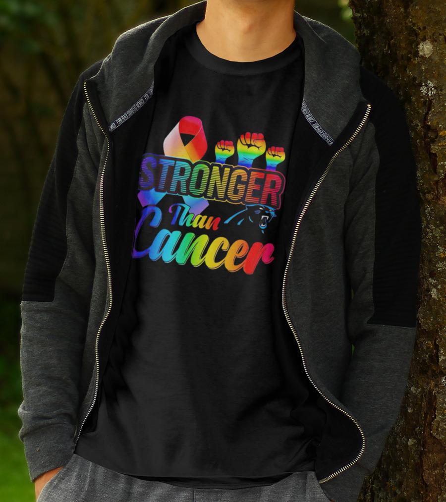 Carolina Panthers Stronger Than Cancer Rainbow Ribbon And Fists T-Shirt