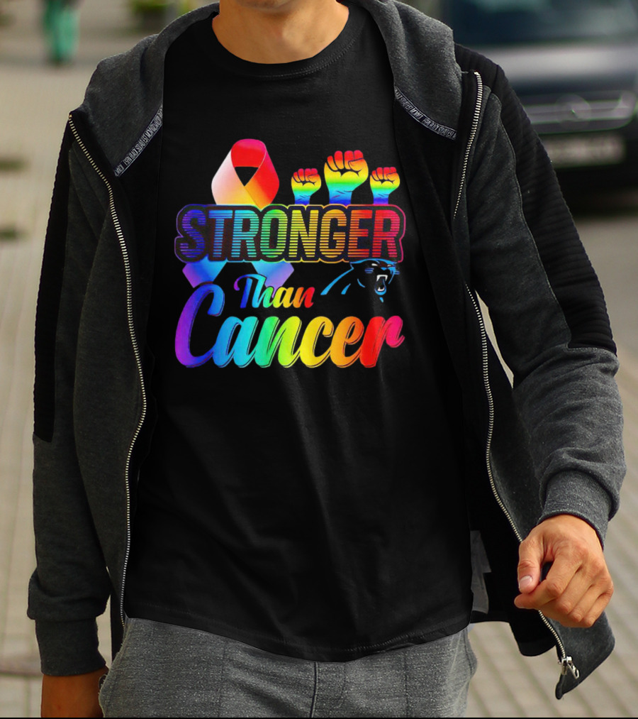 Carolina Panthers Stronger Than Cancer Rainbow Ribbon And Fists T-Shirt