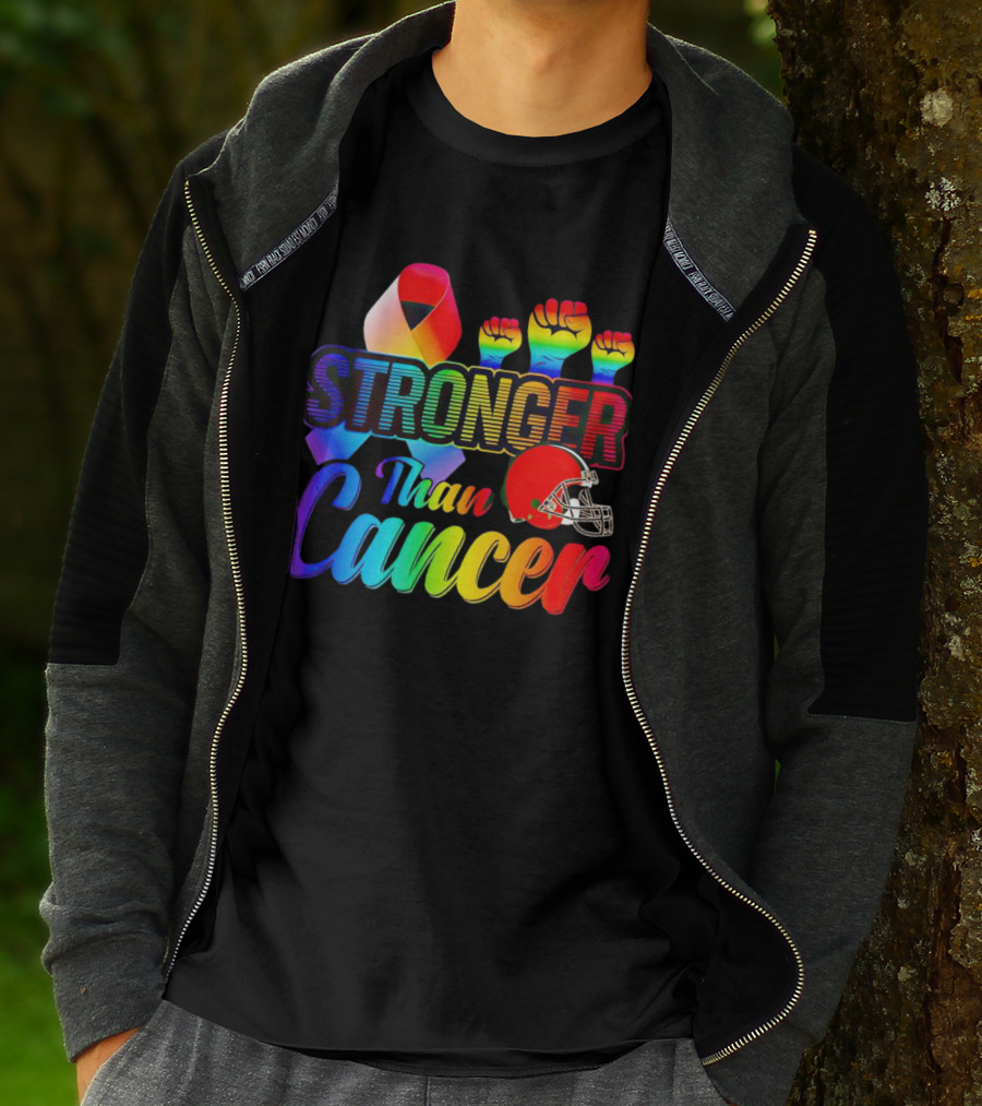 Cleveland Browns Stronger Than Cancer Rainbow Ribbon And Helmet T-Shirt