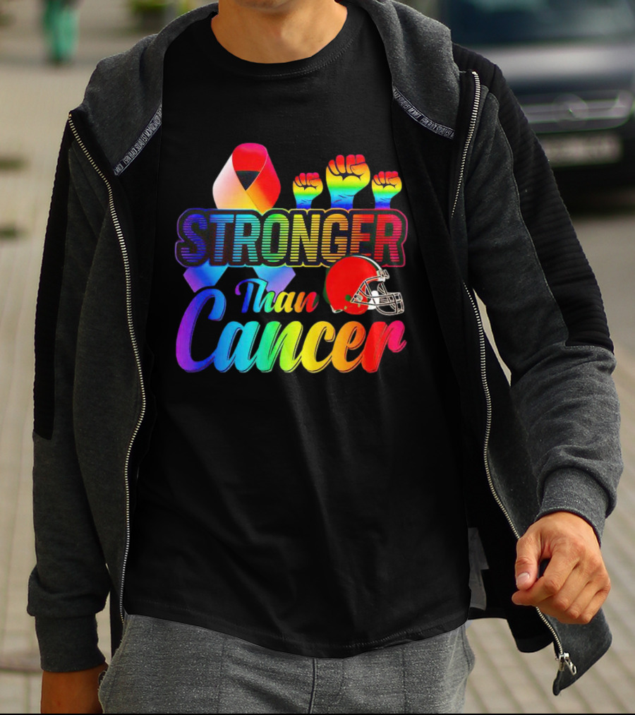 Cleveland Browns Stronger Than Cancer Rainbow Ribbon And Helmet T-Shirt