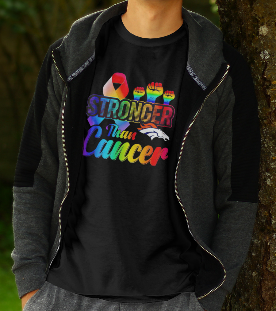 Denver Broncos Stronger Than Cancer Rainbow Ribbon Fists T-Shirt