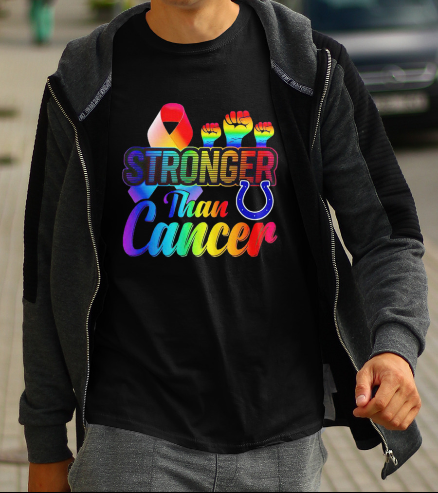 Stronger Than Cancer Indianapolis Colts Rainbow Ribbon And Fists Icons T-Shirt