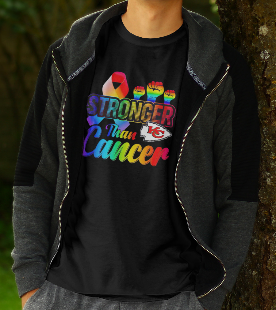 Kansas City Chiefs Stronger Than Cancer Rainbow Ribbon Fists T-Shirt